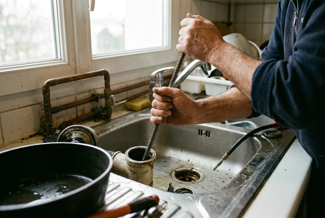 Plombier débouchant une canalisation d'évier dans une cuisine à Bagneux