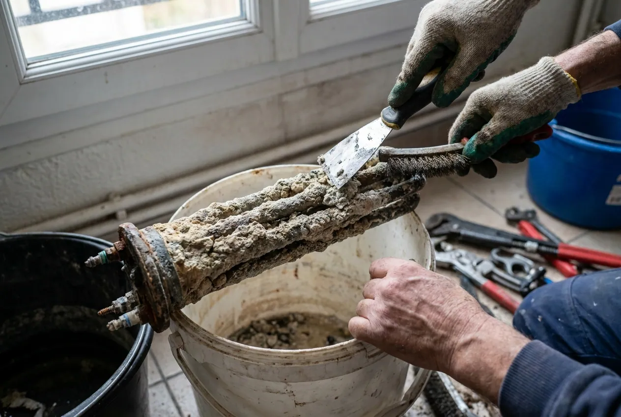 Résistance de chauffe-eau entartrée par l'eau calcaire d'un logement de Bagneux